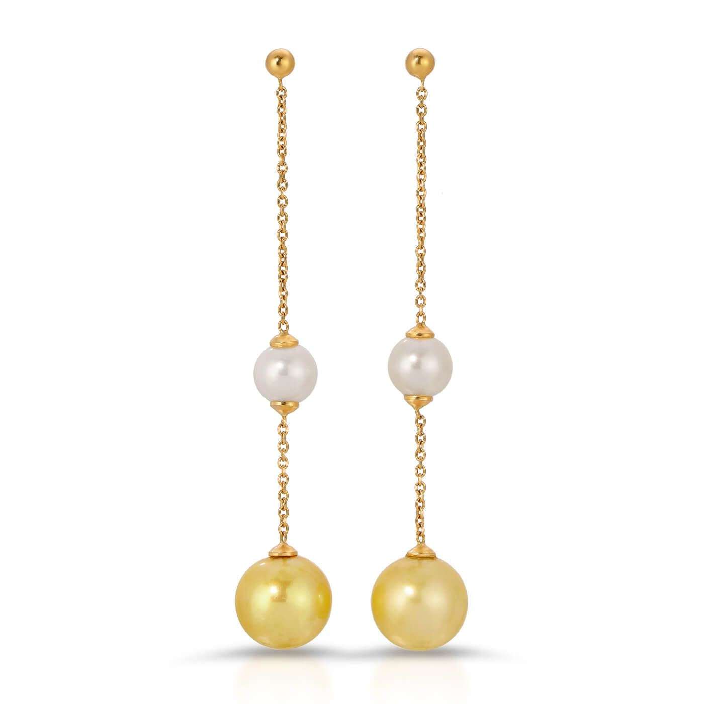 Double pearl Chain Drop earrings white & gold pearls
