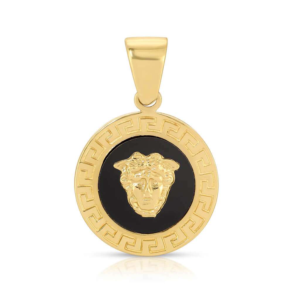 Medusa Gold & Onyx Pendant framed by Greca engravings