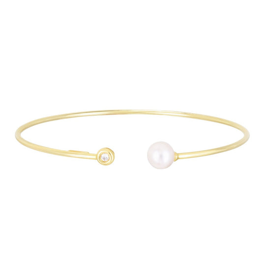 14k Yellow Gold Cuff Bangle with Pearl and Diamond (3.00 mm)