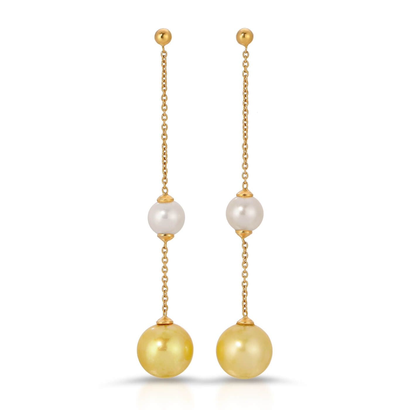 Double pearl Chain Drop earrings white & gold round pearls