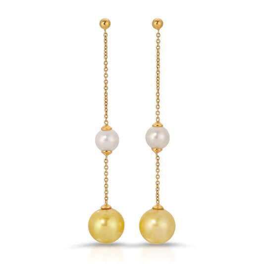 Double pearl Chain Drop earrings white & gold round pearls