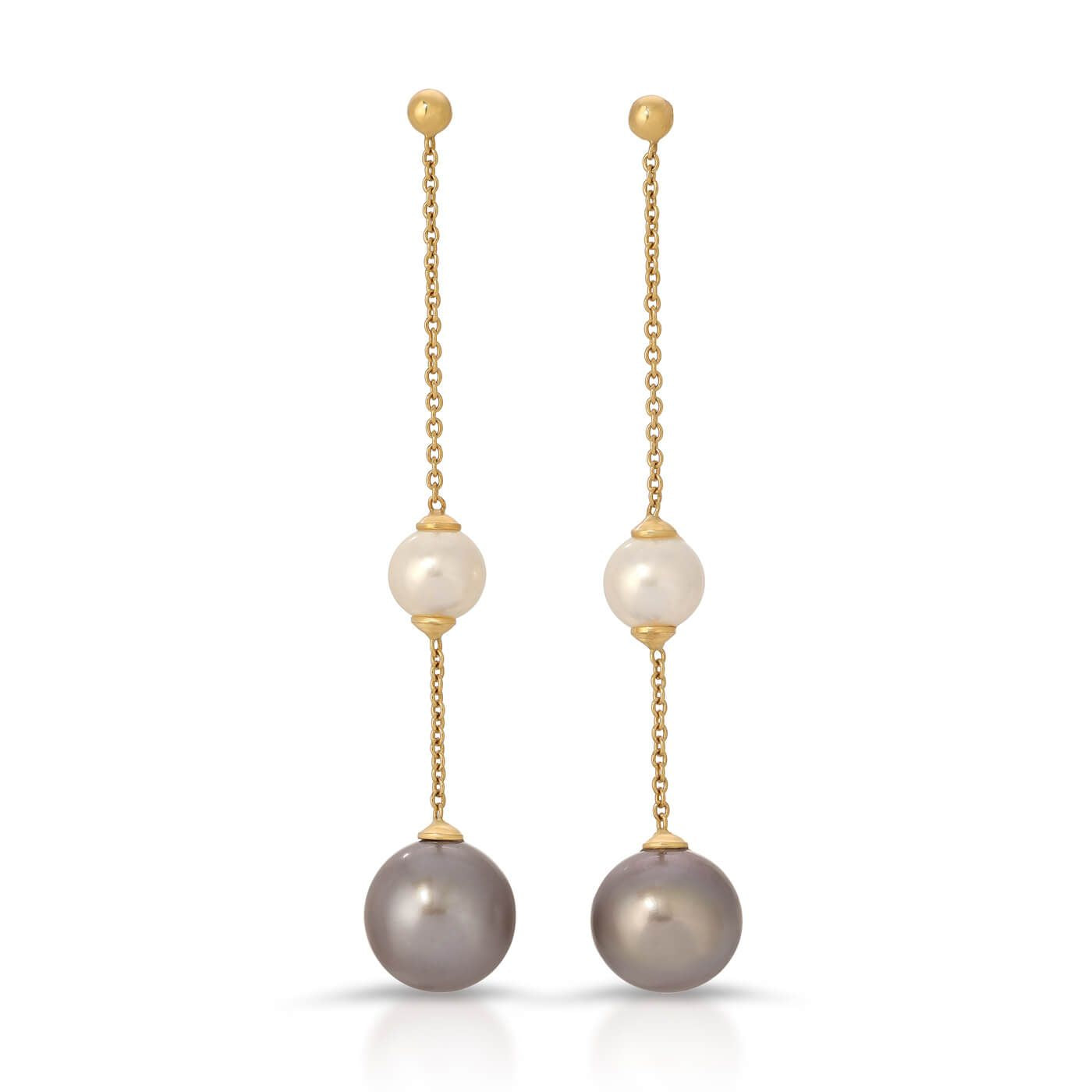 Double pearl Chain Drop earrings white & grey round pearls