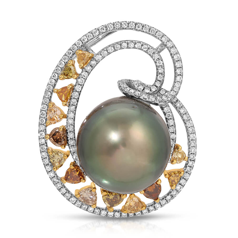 Tahitian Peacock Round Pearl Pendant with micro pave diamonds + triangle