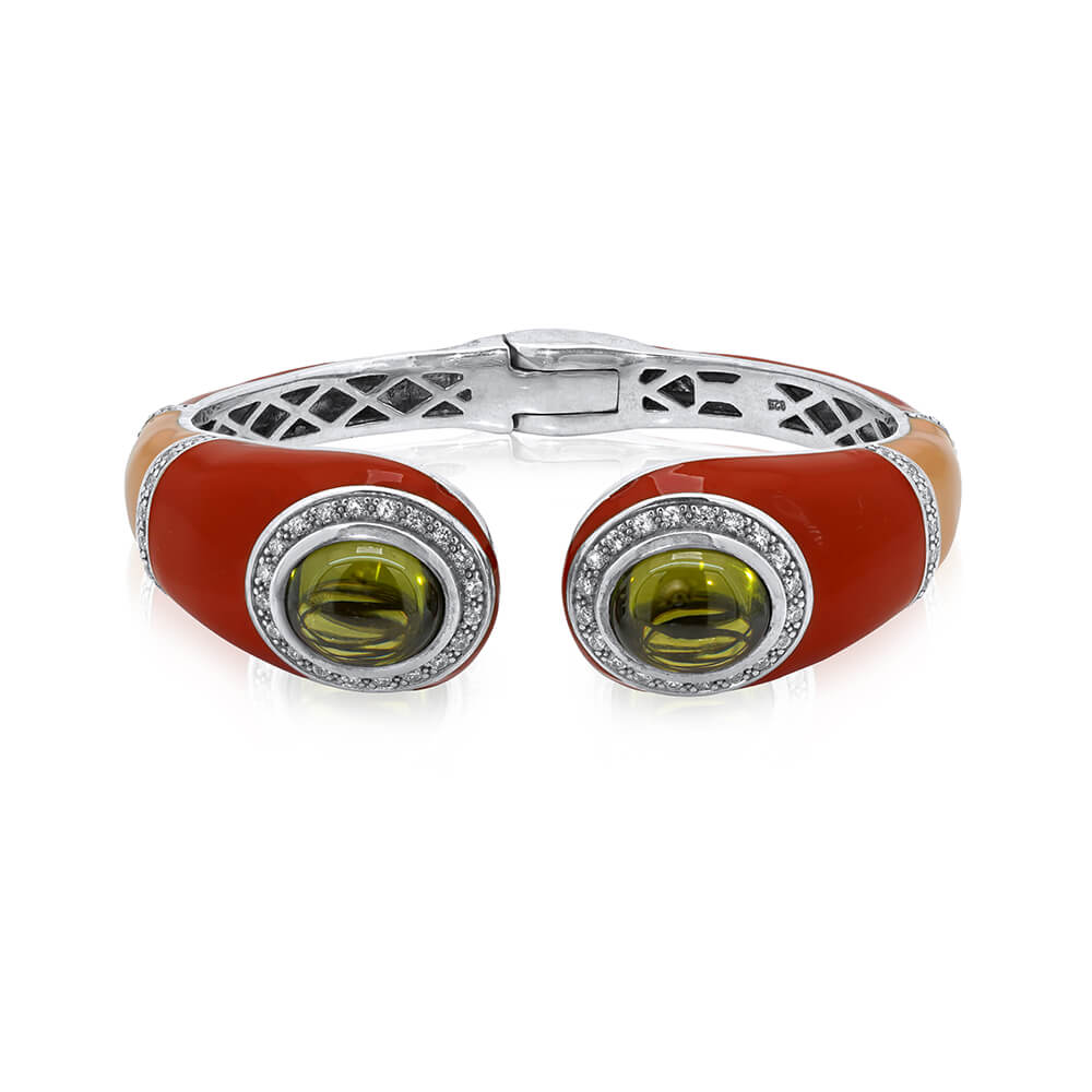 Coral enamel bangle, cz & cabochon tsavorite