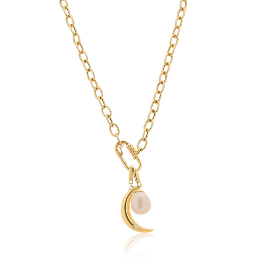Drop pearl & Crescent charm necklace
